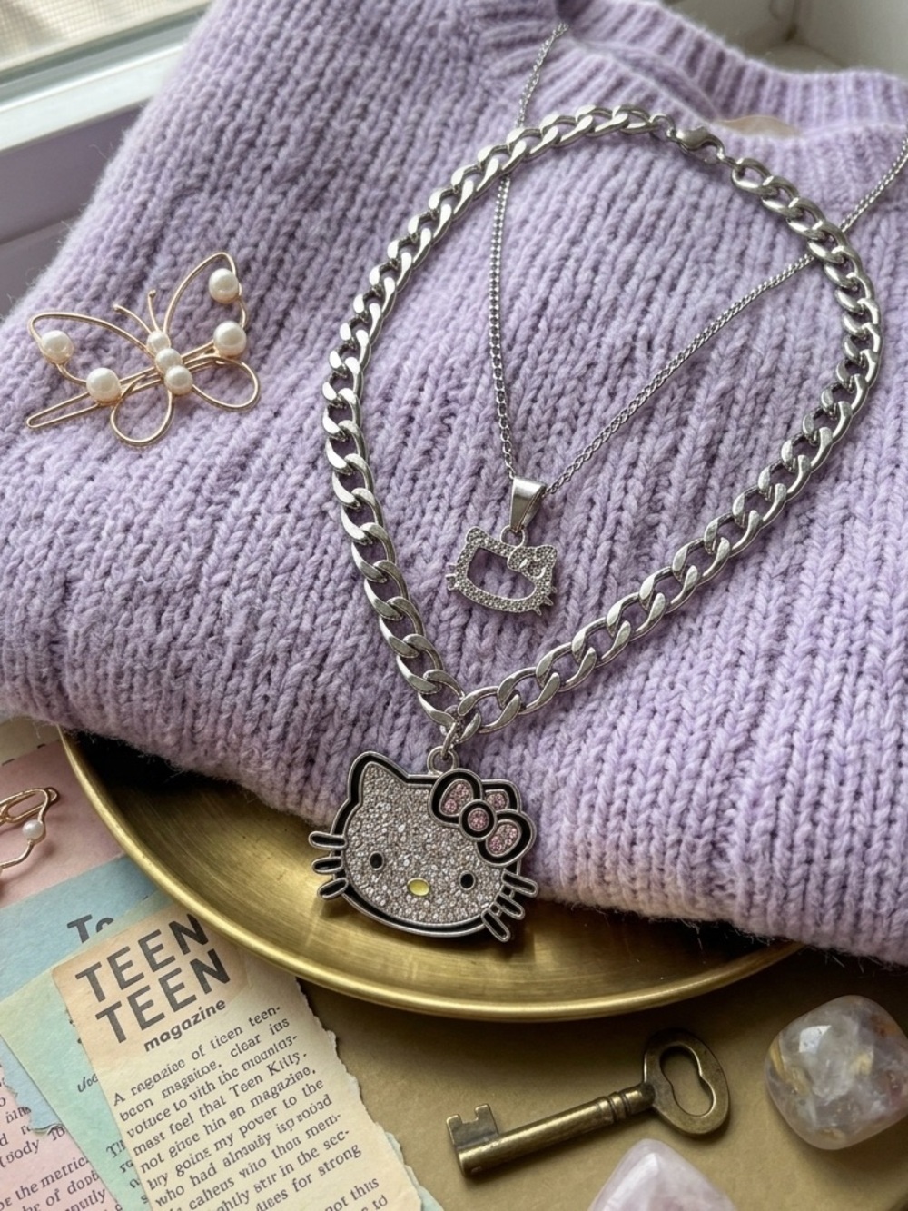 Hello Kitty Necklace 2pc Personalized Set TrendyPink Velvet Silver Chain Pendant - Picture 3 of 3